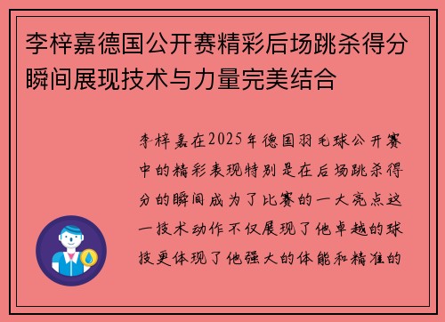 李梓嘉德国公开赛精彩后场跳杀得分瞬间展现技术与力量完美结合