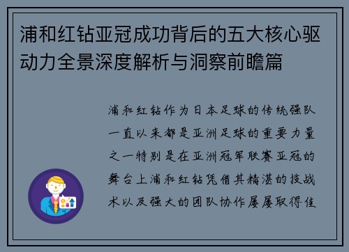 浦和红钻亚冠成功背后的五大核心驱动力全景深度解析与洞察前瞻篇