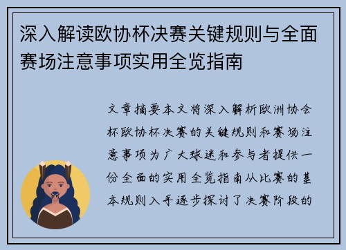 深入解读欧协杯决赛关键规则与全面赛场注意事项实用全览指南