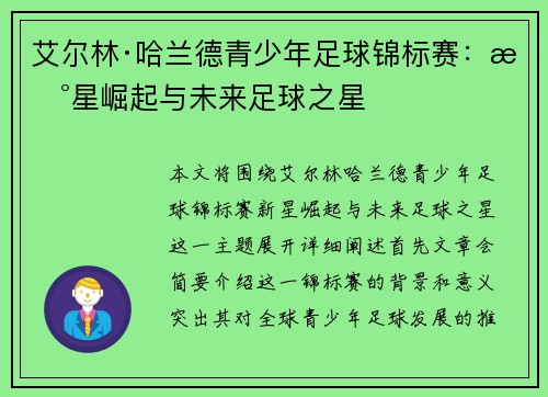 艾尔林·哈兰德青少年足球锦标赛:新星崛起与未来足球之星 艾尔林·哈兰德青少年足球锦标赛:新星崛起与未来足球之星