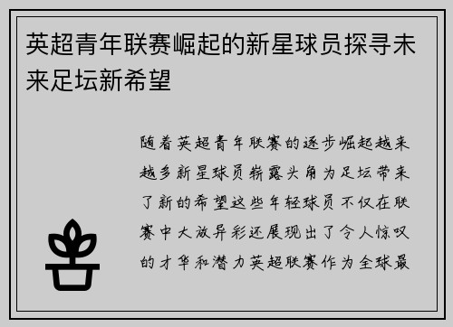 英超青年联赛崛起的新星球员探寻未来足坛新希望 英超青年联赛崛起的新星球员探寻未来足坛新希望
